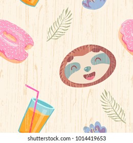 cute seamless pattern with sloth and tropical leaves and flowers, donut and glass of juice. seamless wood texture
