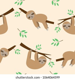 Cute seamless pattern sloths cartoon sleeping and hanging on tree branch background. Vector illustration.