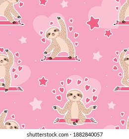 Cute seamless pattern with sloths. Enamored sloths, hearts, pink background, yoga. Love. Vector background. Printing on fabric, clothing, wrapping paper.