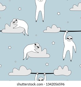 Cute seamless pattern with sloths on the clouds. Vector childish illustration on blue background. Suitable for fabric, wallpaper, clothing.