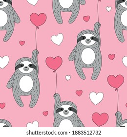 Cute seamless pattern with sloths on balloons. Enamored sloths, hearts, pink background. Love. Vector background. Printing on fabric, clothing, wrapping paper.