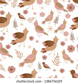 Cute seamless pattern with small birds and flowers. Spring vector background in bright colors. Seamless pattern can be used for wallpapers, pattern fills, web page backgrounds, surface textures.