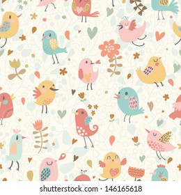 Cute seamless pattern with small birds and flowers. Spring vector background in pastel colors. Seamless pattern can be used for wallpapers, pattern fills, web page backgrounds, surface textures. 