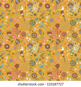 Cute seamless pattern with small birds and flowers. Spring vector background in bright colors. Seamless pattern can be used for wallpapers, pattern fills, web page backgrounds, surface textures.