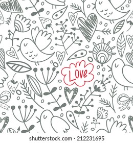 Cute seamless pattern with small birds and flowers. Spring vector background in pastel colors. Seamless pattern can be used for wallpapers, pattern fills, web page backgrounds, surface textures.