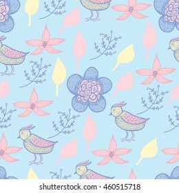 Cute seamless pattern with small birds and flowers. Summer background in pastel colors. 
