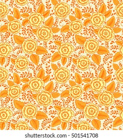 Cute seamless pattern in small flower. Small yellow and orange flowers. White background. Ditsy floral style. The elegant the template for fashion prints.