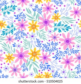Cute seamless pattern in small flower. Small pink and yellow flowers. White background. Ditsy floral style. The elegant the template for fashion prints.