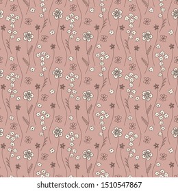 Cute seamless pattern with small flowers on a pink background. Abstract background with decorative flowers and leaves. It can be used for websites, packing of gifts, fabrics, wallpapers. Vector