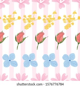 Cute Seamless pattern with small flowers on pink stripes