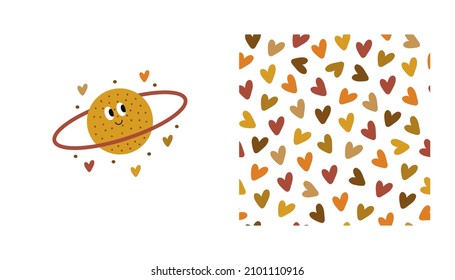  Cute seamless pattern with small hearts and planet print isolated on a white background. Trendy space texture for fabric, apparel, textile, wallpaper. Vector illustration