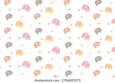 Nettes, nahtloses Muster mit kleinen pastellfarbenen Elefanten und Herzen auf weißem Hintergrund. Perfekt für Baby-, Kinderzimmer- oder spielerische Designprojekte.