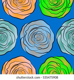 Cute seamless pattern in small rose flowers. Small beige, yellow and blue rose flowers. Vector seamless floral pattern.