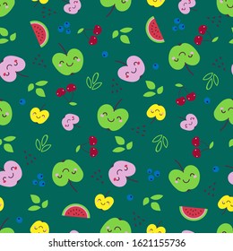 Cute seamless pattern with smiley fruits and berries in cartoon style. Cute and funny texture with berry and fruit characters for kids textile and decoration. Watermelon, apples, cherries, blueberries
