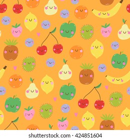 Cute seamless pattern with smiley fruits in cartoon style. Cute and funny texture with fruit characters for kids. Smiley Apple Lemon Berries Kiwi Pineapple Strawberry Orange Pear Cherry and Banana