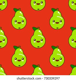 Cute seamless pattern with smiley kawaii green pears in cartoon style. Cute and funny texture for kids. Flat design Vector Illustration