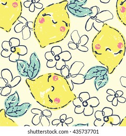 Cute seamless pattern with smiley lemon in cartoon style