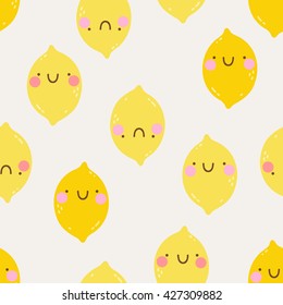 Cute seamless pattern with smiley Lemons in cartoon style. Cute and funny texture for kids. Lovely background with Lemon