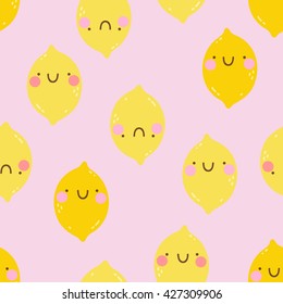 Cute seamless pattern with smiley Lemons in cartoon style. Cute and funny texture for kids. Lovely background with Lemon