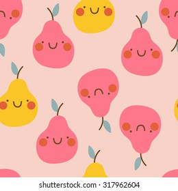 Cute seamless pattern with smiley pears in cartoon style. Cute and funny texture for kids. Lovely background with fruits