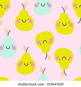 Cute seamless pattern with smiley pears in cartoon style. Cute and funny texture for kids. Lovely background with fruits