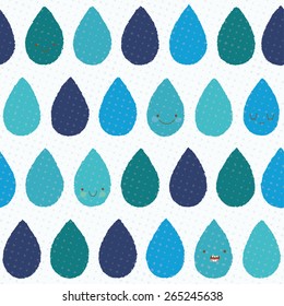 Cute seamless pattern with smiley rain drops. Funny weather texture