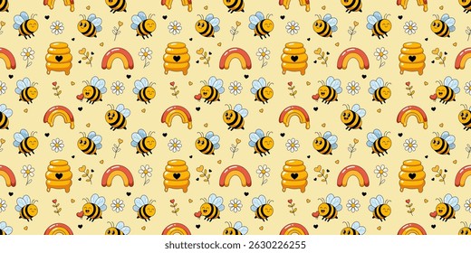 Cute seamless pattern with smiling bees, honeycombs, rainbows, and flowers on a soft yellow background. Perfect for kids, fabric, wallpaper, and spring-themed designs.