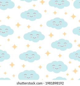 Cute seamless pattern with smiling blue clouds and yellow stars on a white background. Vector illustration for fabrics, textures, wallpapers, posters, postcards. Childish fun print. Editable elements.