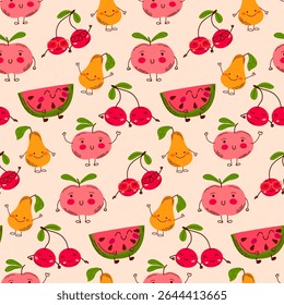 Cute seamless pattern with smiling cartoon fruits. Cherries, pears, peaches, and watermelon in bright colors. Perfect for kids products, textiles, and packaging design. Vector illustration