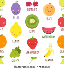 Cute seamless pattern with smiling cartoon characters of fruits for your decoration