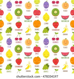 Cute seamless pattern with smiling cartoon characters of fruits, can be used for kitchen textile, wrapping paper etc