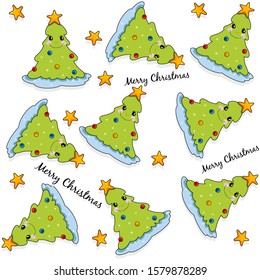 Cute seamless pattern with smiling christmas tree and stars. Merry Christmas wrapping paper pattern. Holiday themed tiling over white background
