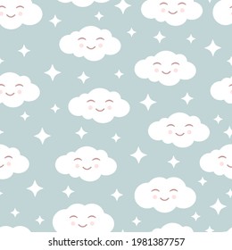 Cute seamless pattern with smiling clouds and white stars on a grey background. Vector illustration for fabrics, textures, wallpapers, posters, postcards. Childish fun print. Editable elements.