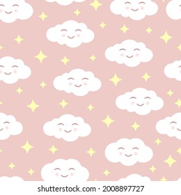 Cute seamless pattern with smiling clouds and yellow stars on a pink background. Vector illustration for fabrics, textures, wallpapers, posters, postcards. Childish fun print. Editable elements