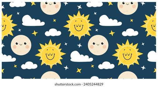 Cute seamless pattern with smiling moon and sun. Vector design for nursery, poster, kids T-shirts.