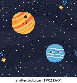Cute seamless pattern with smiling planets in open space with stars. Hand drawn vector illustration for children.