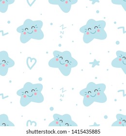 Cute seamless pattern with smiling stars, hearts, stars, zigzags, dots. White background. Doodle style illustration. Vector.