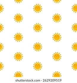 Cute seamless pattern with smiling sun faces. Summer design for kids fabric, wallpaper, or wrapping paper