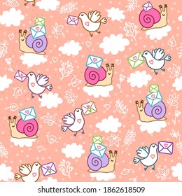 Cute seamless pattern with Snail Mail and Pigeon Mail. Vector Illustration for kids, scrapbooking, valentines day, stationery, fabric, clothing, and home decor