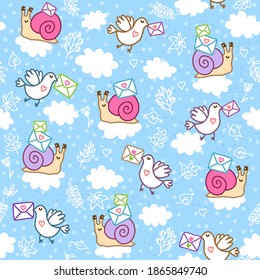 Cute seamless pattern with Snail Mail and Pigeon Mail. Vector Illustration for kids, scrapbooking, valentines day, stationery, fabric, clothing, and home decor