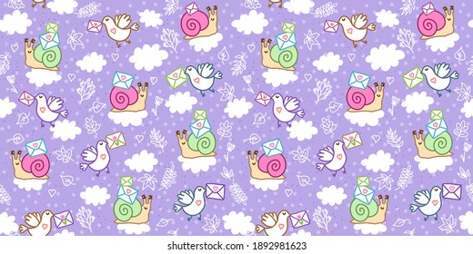 Cute seamless pattern with Snail Mail and Pigeon Mail. Vector Illustration for kids, scrapbooking, valentines day, stationery, fabric, clothing, and home decor