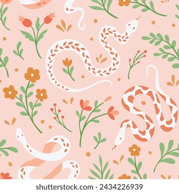 Cute seamless pattern with snake and floral elements. Vector illustration with cartoon drawings for print, fabric, textile.