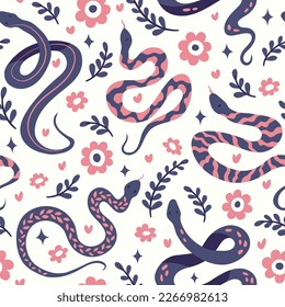 Cute seamless pattern with snakes and floral elements. Vector illustration with cartoon drawings for print, fabric, textile.