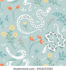 Cute seamless pattern with snakes and floral elements. Vector illustration with cartoon drawings for print, fabric, textile.