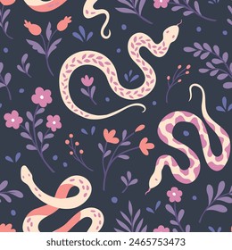 Lindo patrón sin costuras con serpientes y Elementos florales. Ilustración vectorial con dibujos animados para estampado, tela, textil.