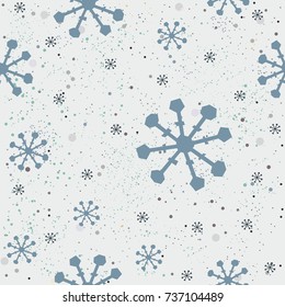 Cute Seamless Pattern with snowflakes on light blue background with tiny dots. Winter. Hand Drawn Design. Great for wall art design, gift paper, wrapping, fabric, textile, etc. Vector Illustration.