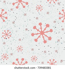 Cute Seamless Pattern with snowflakes on light blue background with tiny dots. Winter. Hand Drawn Design. Great for wall art design, gift paper, wrapping, fabric, textile, etc. Vector Illustration.