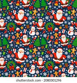Cute seamless pattern with snowflakes, santa claus, gifts. For gift paper, prints, backgrounds, greeting card. Vector illustration.