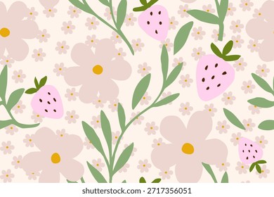 Un lindo patrón transparente con flores suaves, hojas verdes y fresas rosadas sobre un fondo crema cálido, creando un diseño dulce, juguetón y acogedor.