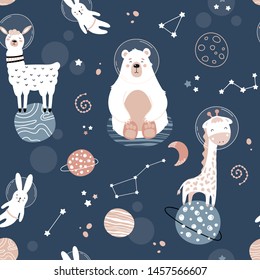 Cute seamless pattern with space animals. Bear, hare, giraffe, llama. Planets, stars, constellations, rockets, comets. Vector childrens background. Printing on fabric, paper, wallpaper, clothes.